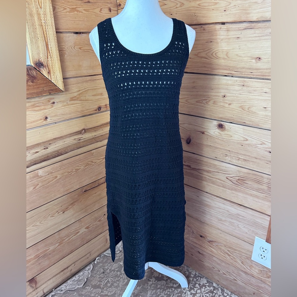 Crochet Knit Sleeveless Black Side Slit Midi Dress Womens Small #OldNavy